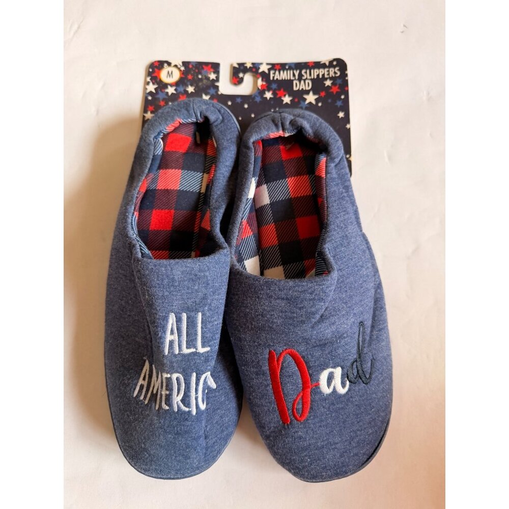 All American Dad Family Slippers Medium Blue Plaid Cozy Indoor House Shoes